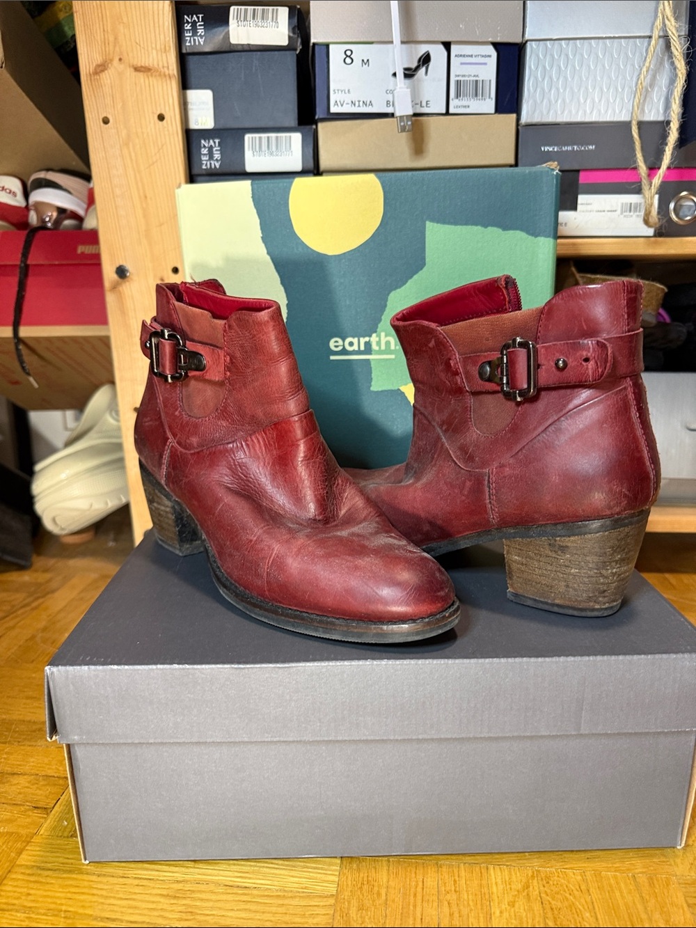 Earth Red Leather Ankle Boots with Buckle Strap
